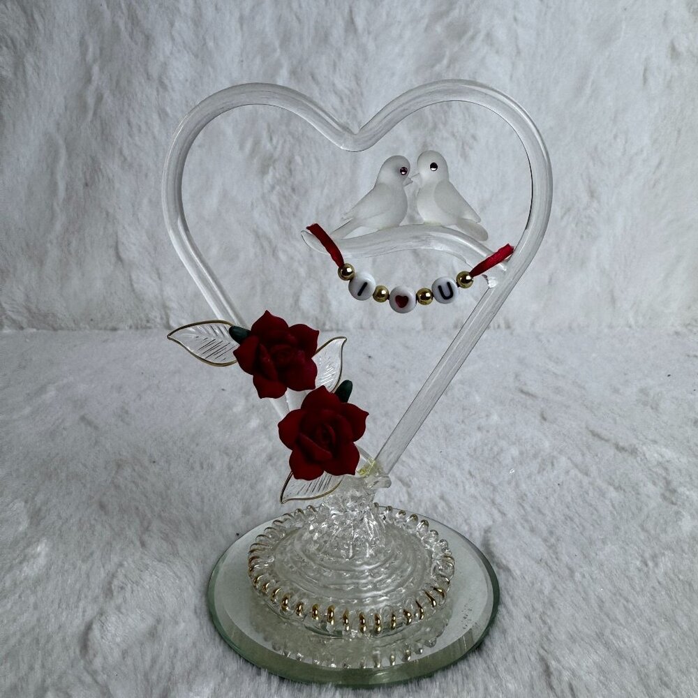 Heart-Shaped Glass Figurine Love Birds Red Roses & "I ❤️ U" Beads By Glass Baron - Picture 6 of 6